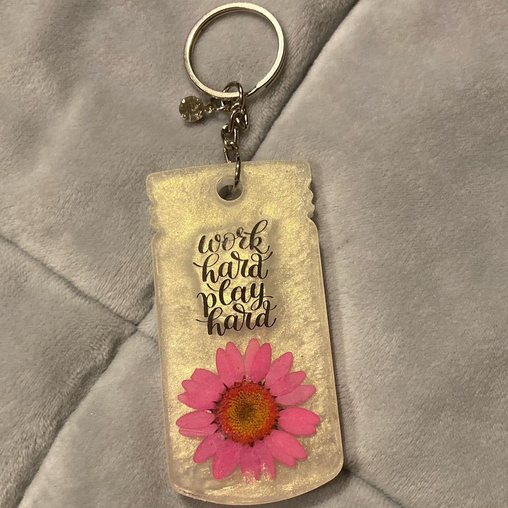 Keychain - Mason jar "work hard play hard" real flower resin...